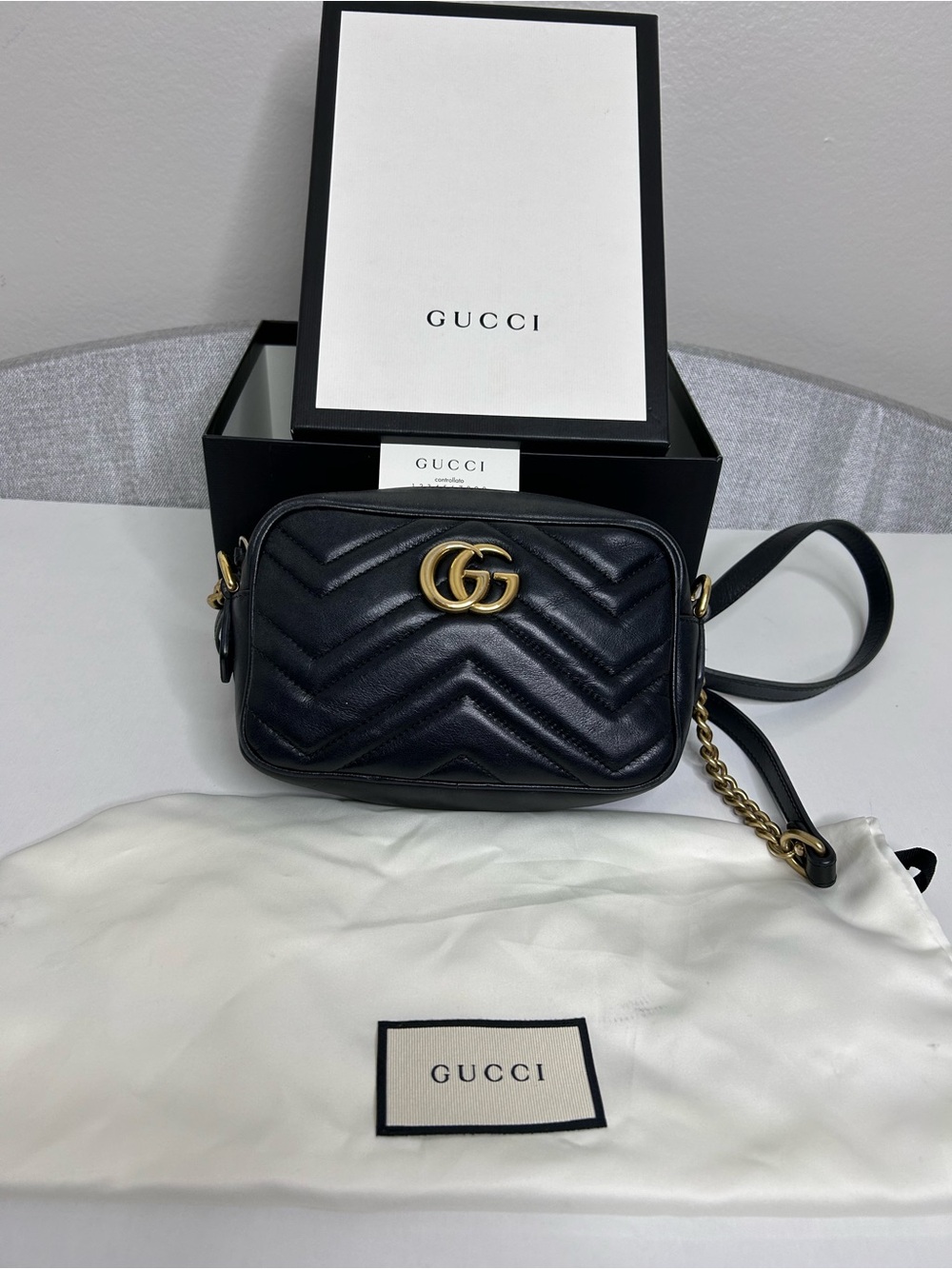 Gucci GG Marmont Mini Camera Bag Black Matelassé Leather Box Dust Bag